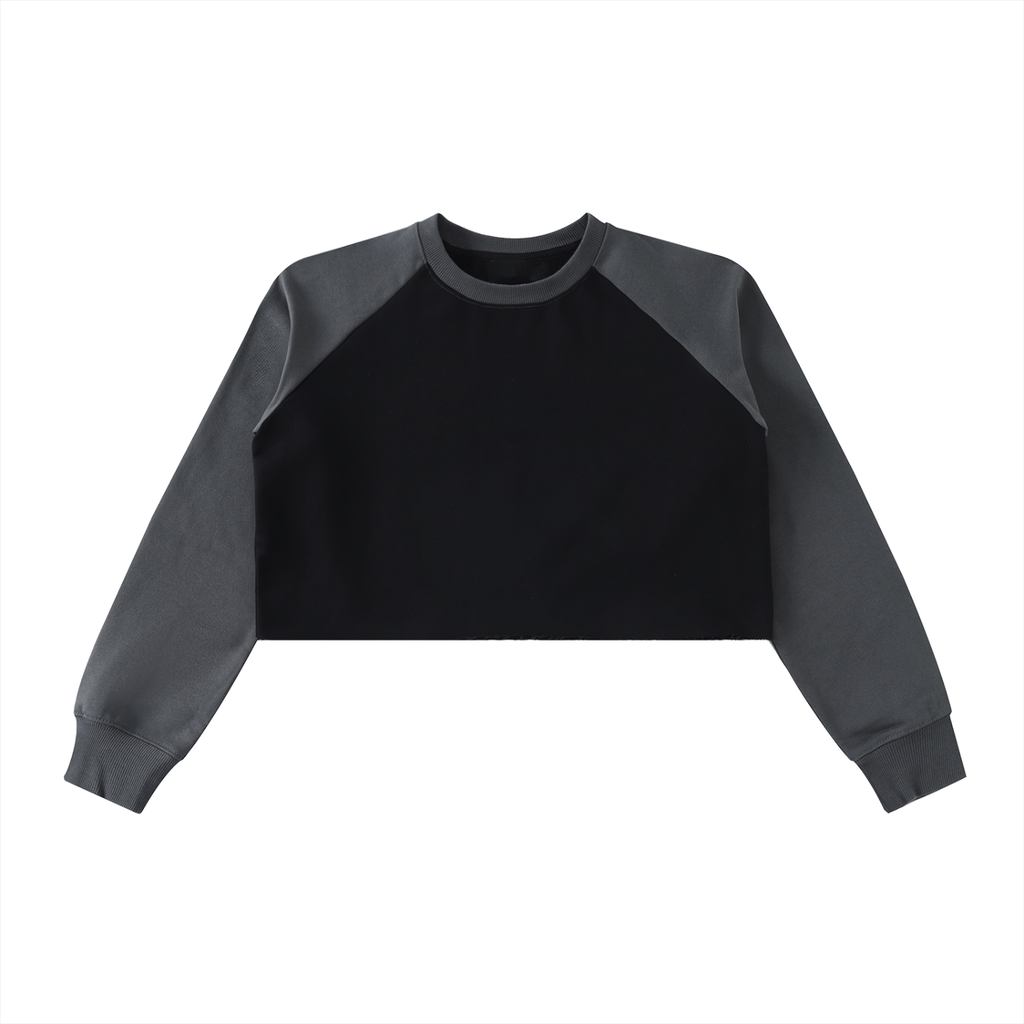 Black cropped sweatshirt with 'MOD & HOLY' text on a white background