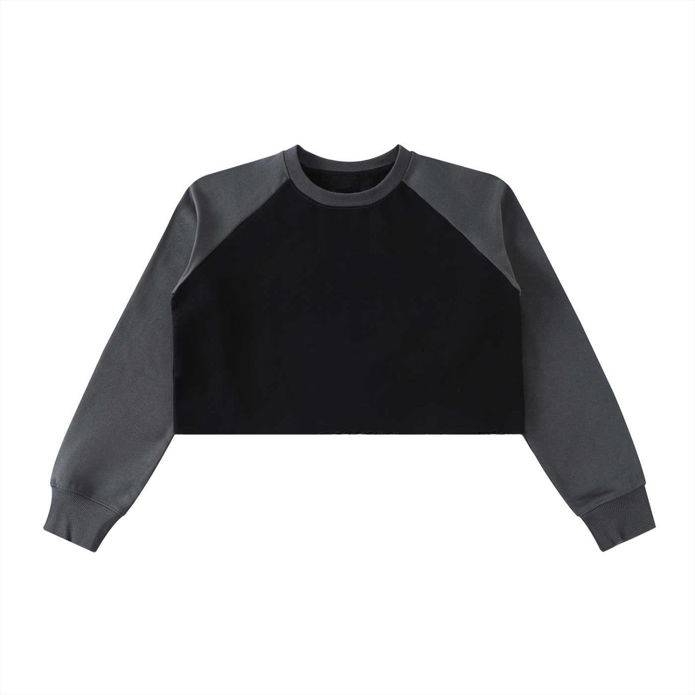 Black cropped sweatshirt with 'MOD & HOLY' text on a white background