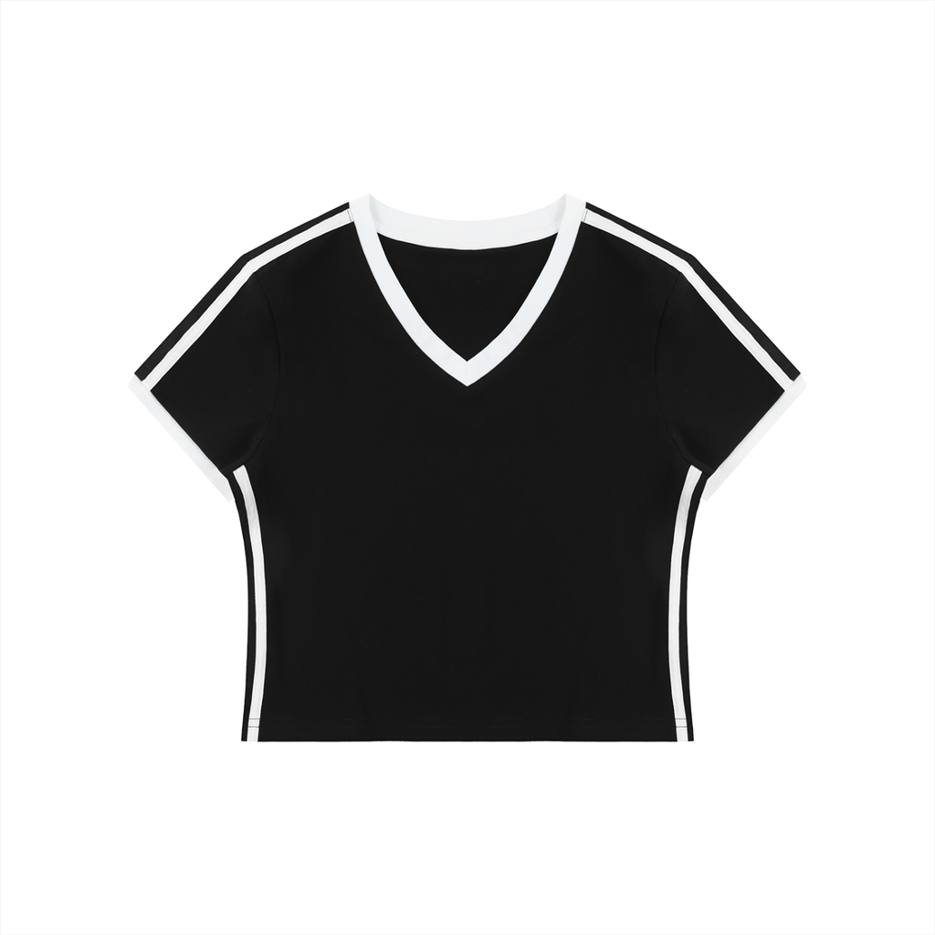 Black t-shirt with white trim on a white background
