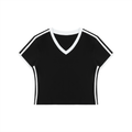 Black t-shirt with white trim on a white background