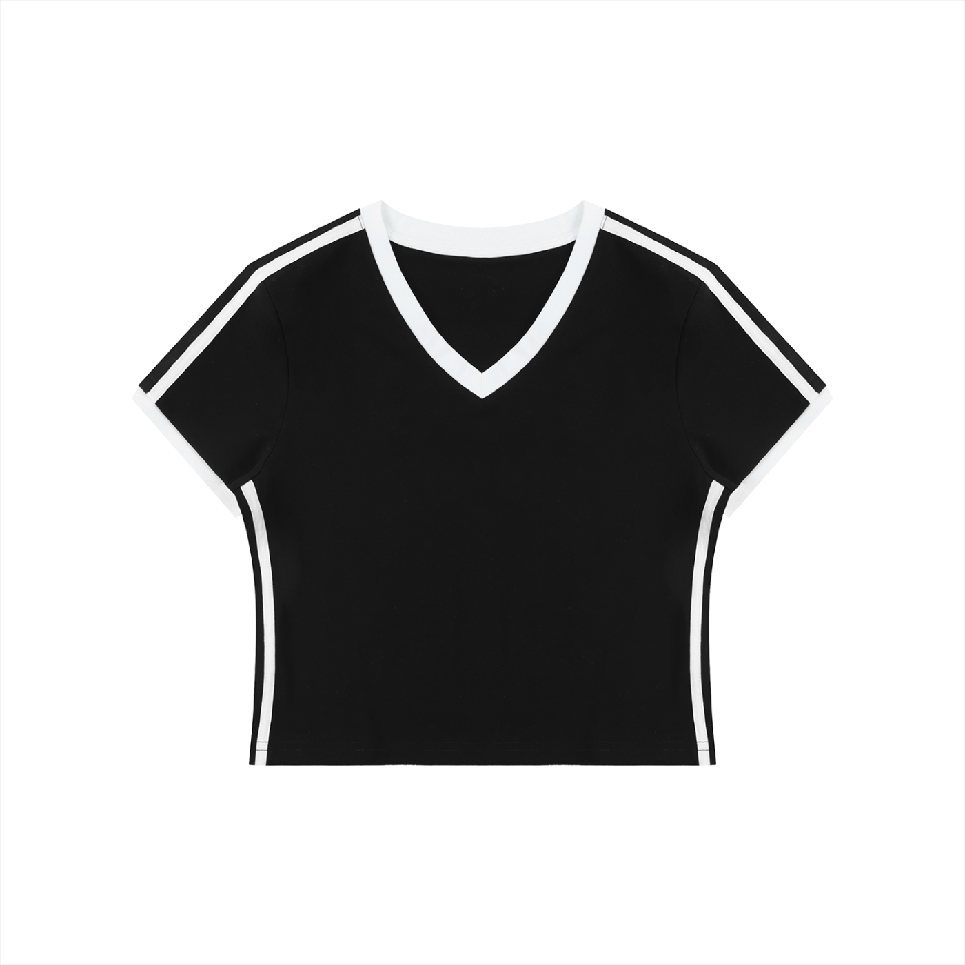 Black t-shirt with white trim on a white background