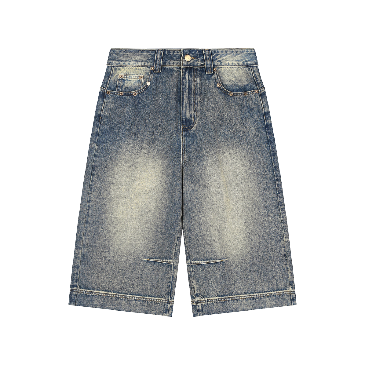 Blue denim shorts on a white background