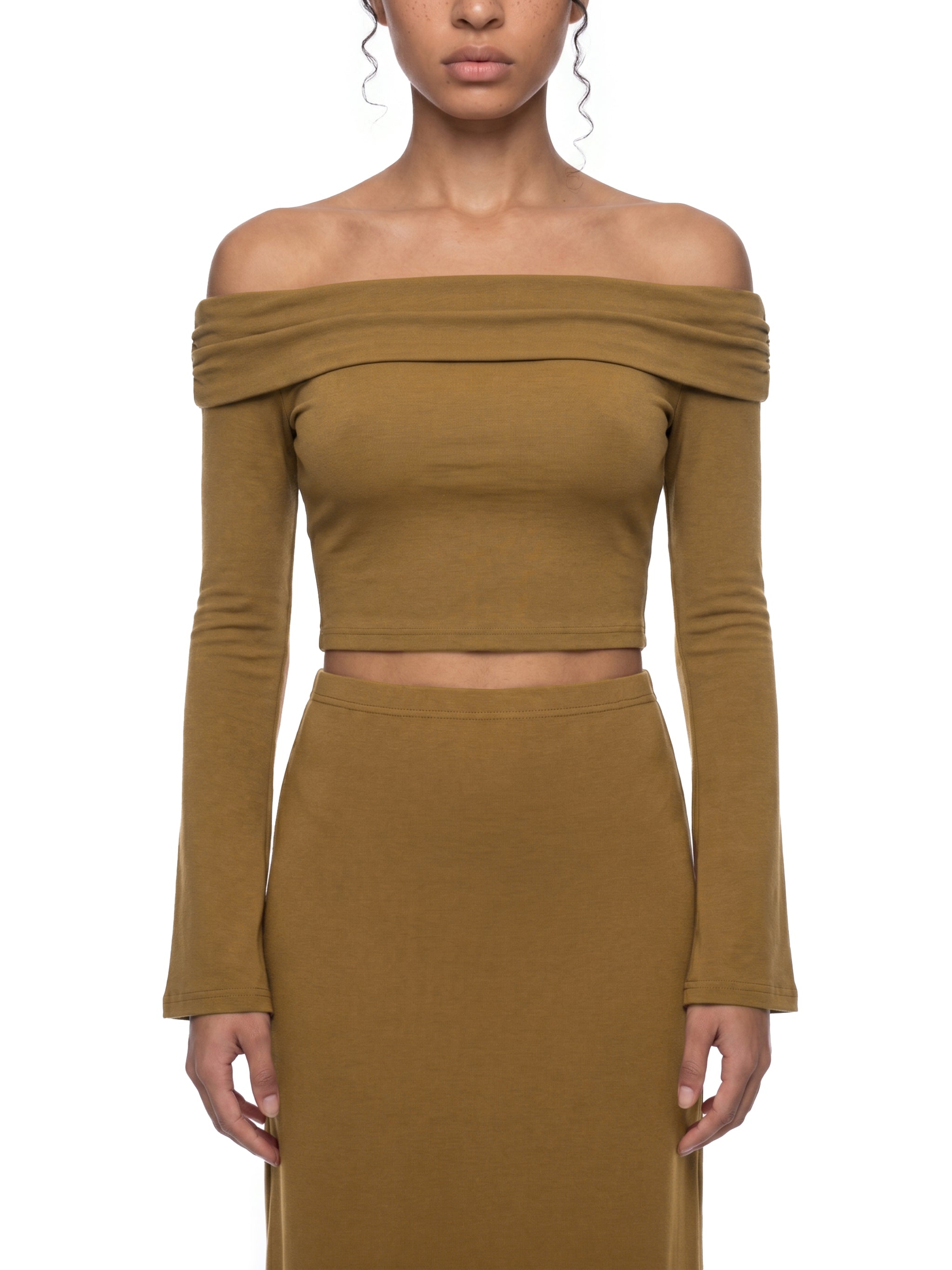 Brown off-shoulder top and skirt set on a white background