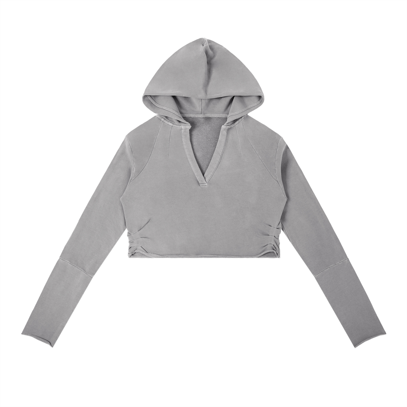 Gray cropped hoodie with floral embroidery on a white background