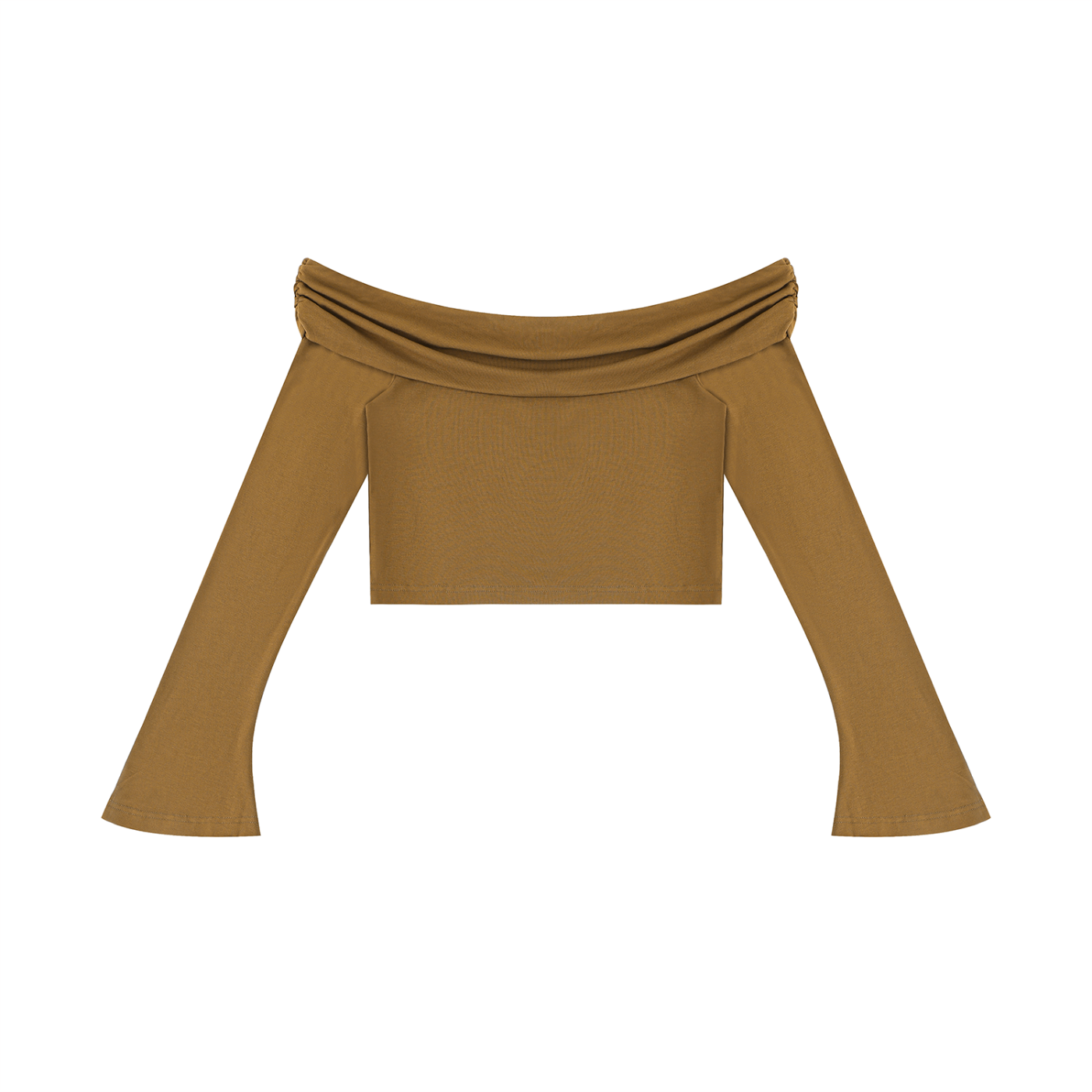 Mustard yellow long-sleeve top with a cowl neckline on a white background