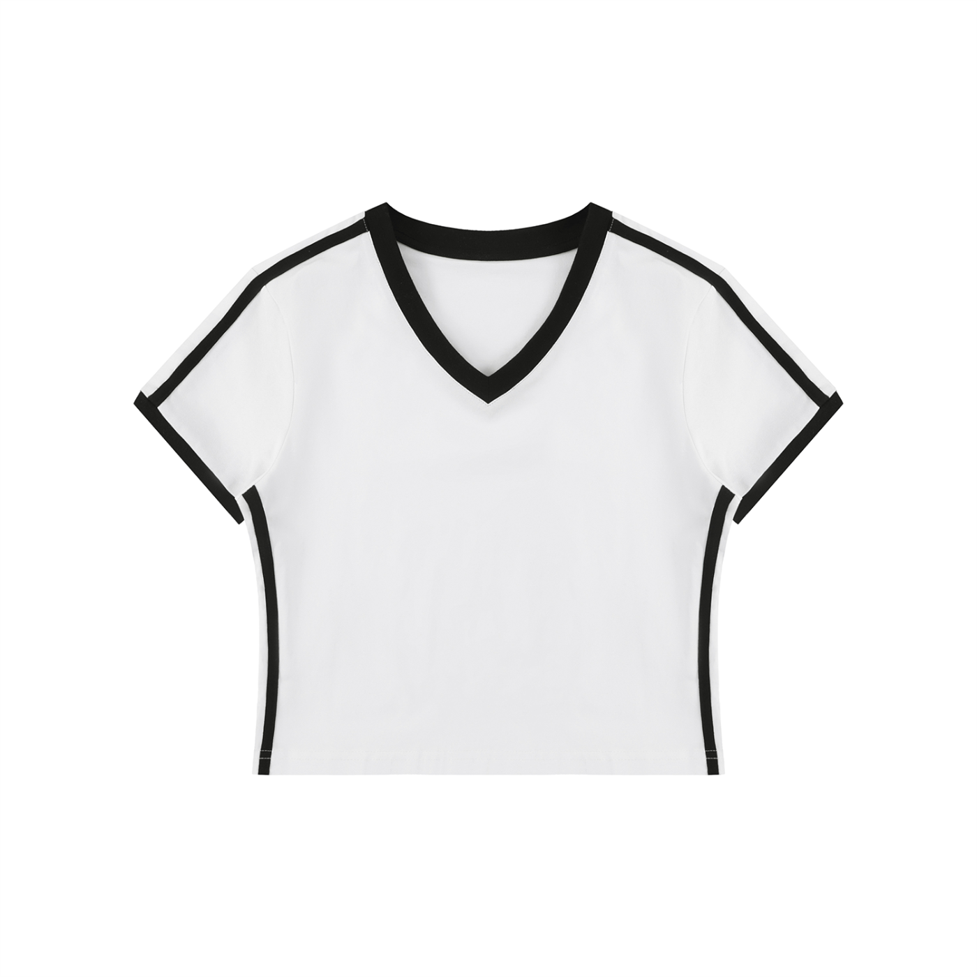White t-shirt with black trim on a white background