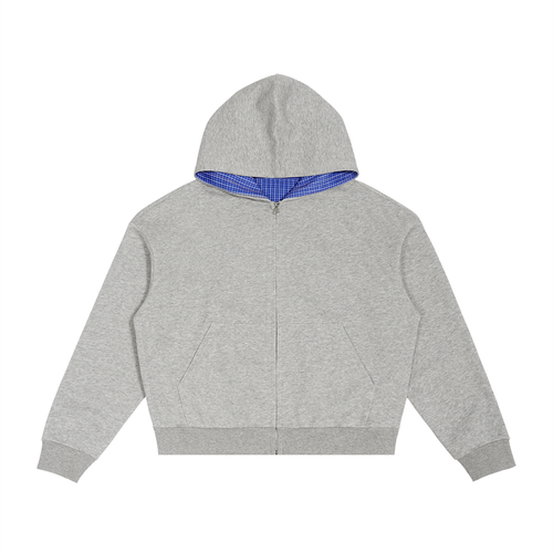 Contrast Plaid Boxy Zip Hoodie